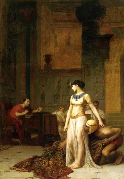 Pintura de Cleópatra de pé diante de Júlio César, sentado à mesa