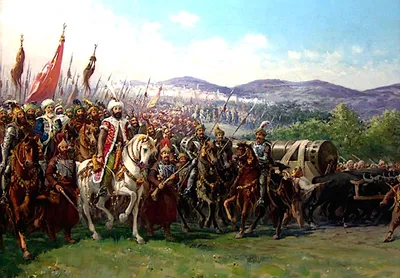 Pintura do sultão Mehmed II a cavalo à frente de seu exército diante de Constantinopla