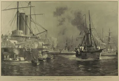 Gravura de navios de guerra britânicos bombardeando o palácio do sultão de Zanzibar